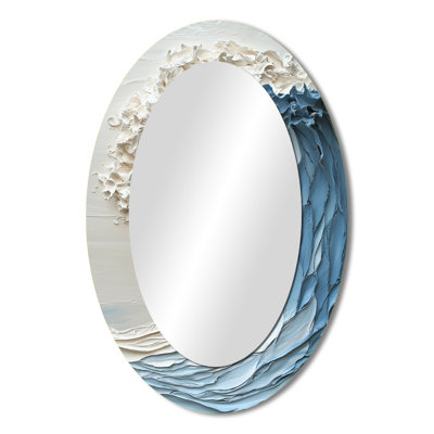 White And Blue Papercut Style Wave II - Coastal Oval Decorative Mirror On Metal