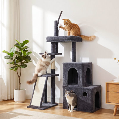 57.5 inches Cat Tree Tower Condo for Multi-Cat, Flexible Layout, Sisal Scratching Posts & Ramp, Long Lounge Perch, Soft Plush Surfaces, Play Balls, Suitable for Kittens and Adult Cats(dark gray)