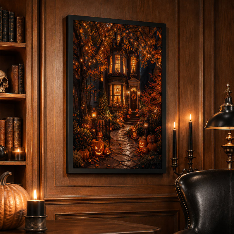 «Lit House with Glowing Jack O Lanterns And String Halloween», art mural, H 30 po x l 20 po