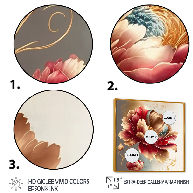«Bold Red Floral Design I - Floater Frame», impression sur toile, Impression dorée sur toile encadrée