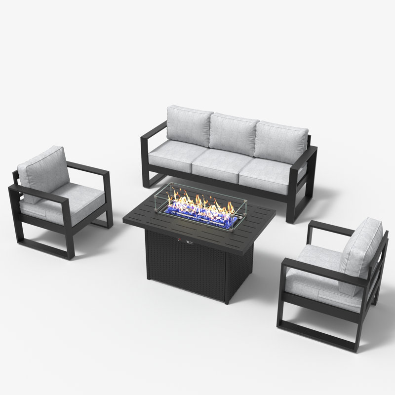 4 Piece Sofa Seating Group With Cushions, Light Grey/Black
