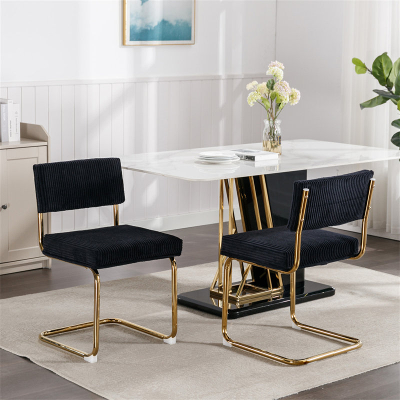Corabella Modern Dining Chairs with Corduroy Fabric,Gold Metal Base, Accent Armless Kitchen Chairs with Channel Tufting, Side Chairs, Set of 2