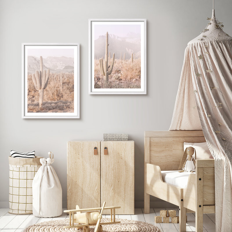 «Southwestern Cactus Desert», œuvre d'art moderne, affiches encadrées, salle de bain, petit art mural, Blanc / Blanc