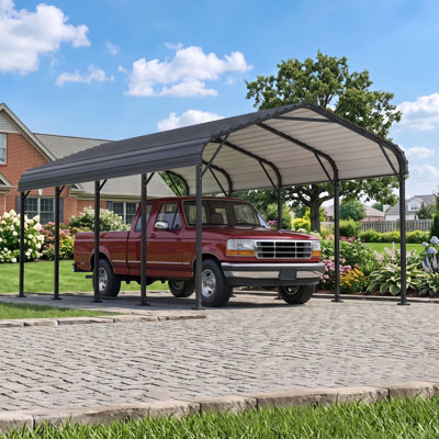 Abri d'auto métallique 12 x 20 pi, abri de garage robuste en acier galvanisé, revêtement résistant aux UV et à la rouille pour voiture/bateau, base étanche avec bords en caoutchouc.