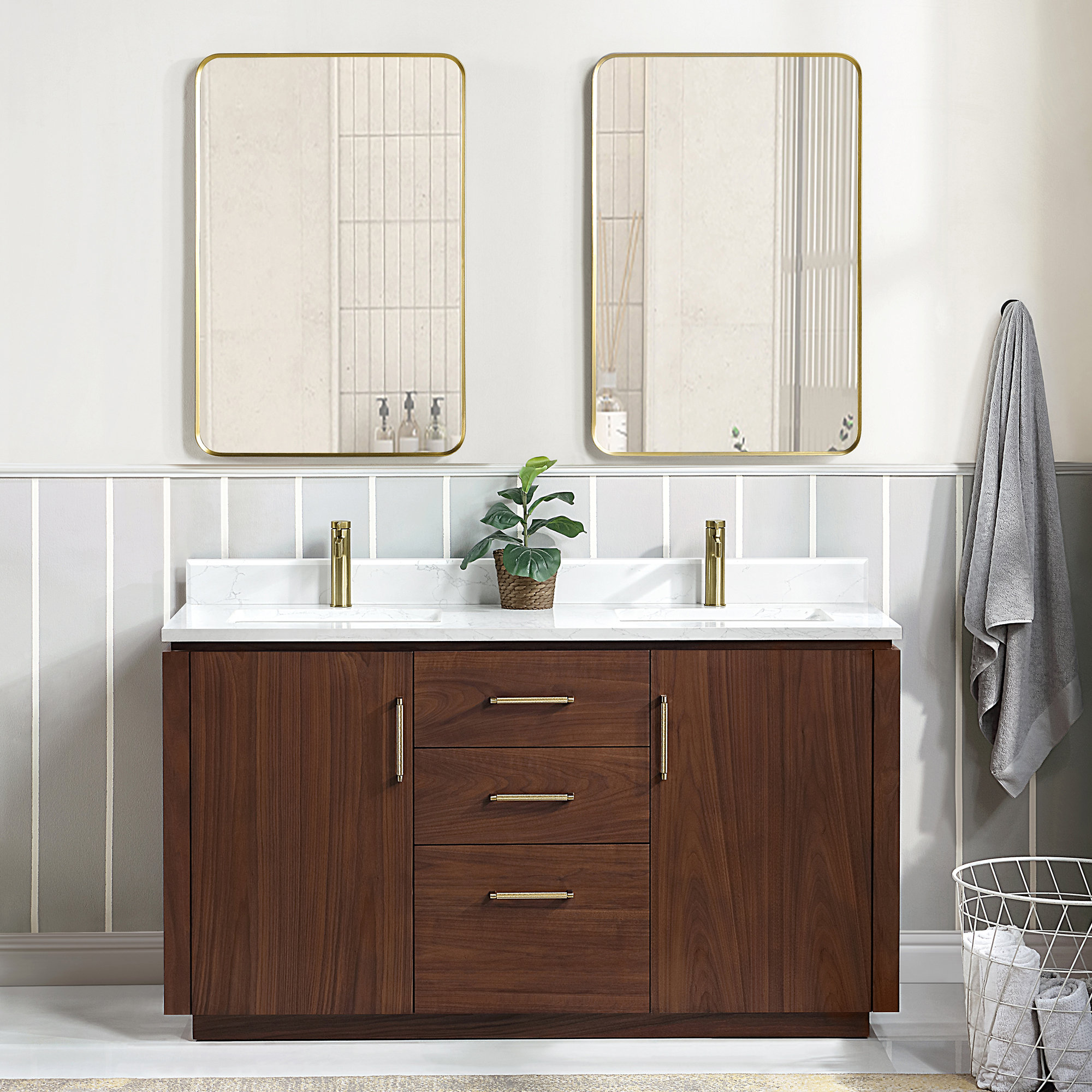 Cloverfield 60'' Double Bathroom Vanity, Gold, Natural Walnut