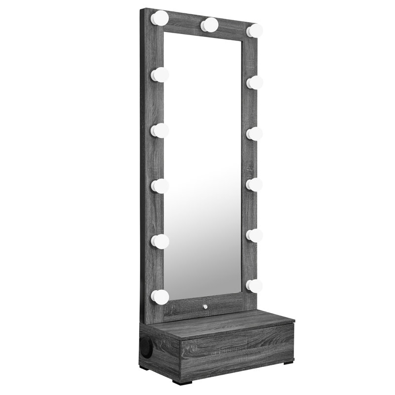 Grey Floor Length Mirror With Drawer, Led And Speakers, Solid Wood+, Perfect For Small Saunas Led, Drawer Office Spaces