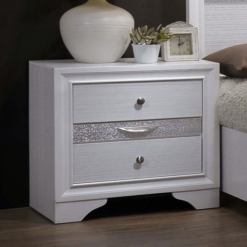 Table de chevet contemporaine 1pc avec poignées rondes en nickel et tiroir caché, Blanc