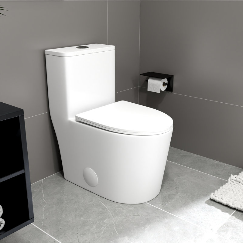 Toilette moderne une pièce allongée avec double chasse d'eau, conception à jupe facile à nettoyer (siège inclus), installation brute de 12 po