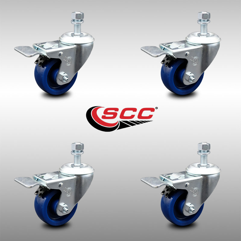 3 Inch SS Solid Polyurethane 10mm Threaded Stem Caster Set Total Lock Brake