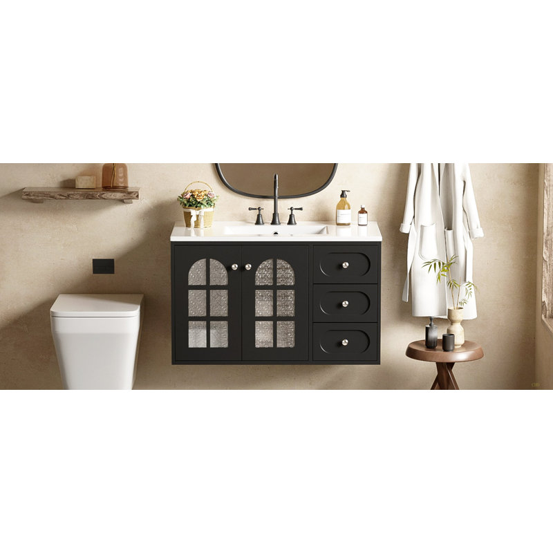 Meuble-lavabo flottant 36 po avec lavabo en céramique, armoire de salle de bain murale avec 3 tiroirs et système de fermeture en douceur