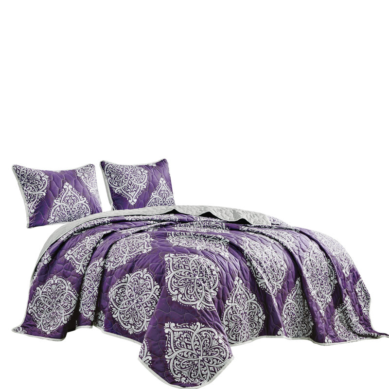 Microfiber 3 Piece Coverlet / Bedspread Set, Purple/Gray Damask, Queen Coverlet/Bedspread + 2 Standard Shams