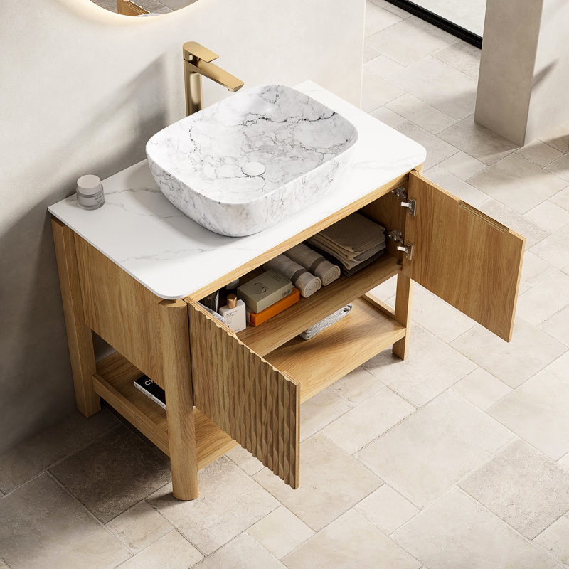 Meuble-lavabo de 36 po, lavabo vasque en céramique à motif marbré, plateau en pierre frittée blanche, structure en contreplaqué, panneaux de porte à texture 3D, fabrication de rangement, solution technologique