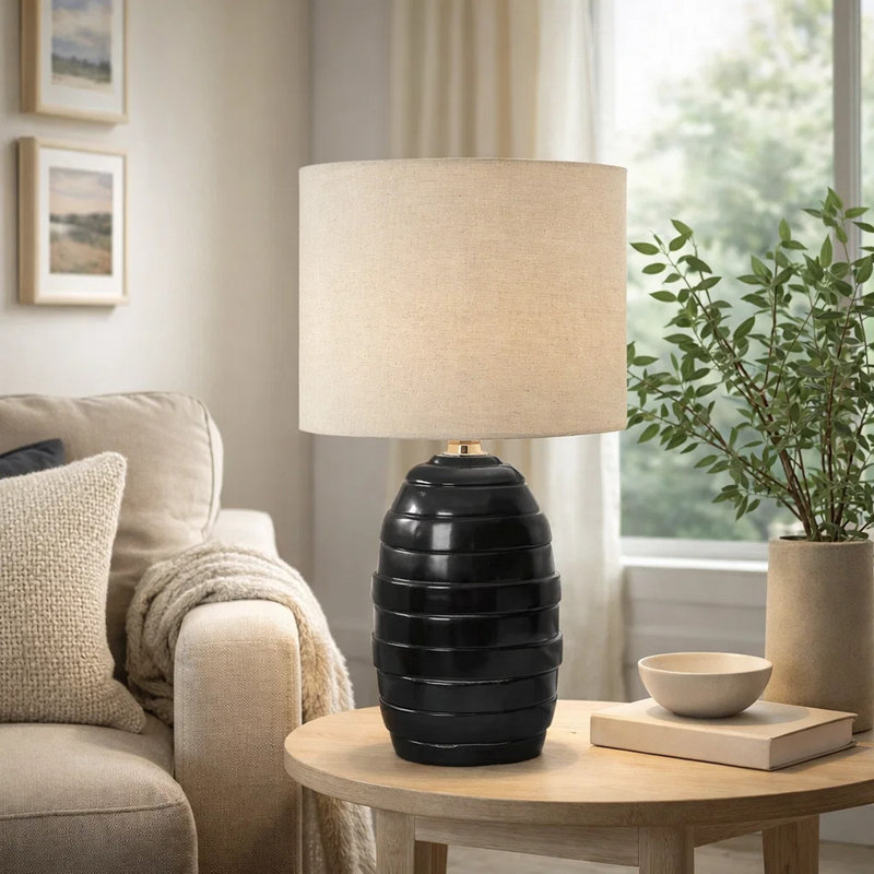 Lampe de table Lena, base en céramique ruche noire, abat-jour tambour beige, 17 po, Noir