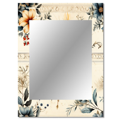 Ashyra Vintage Neutrals Mosaic Flowers - boho  Decorative Wall Mirror, Boho Large Mirror, Printed Metal Art