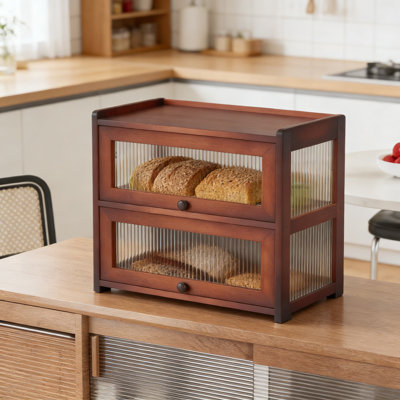 Grande boîte à pain en bambou avec rangement double couche, fenêtres transparentes à 4 côtés et portes coulissantes pour comptoir de cuisine