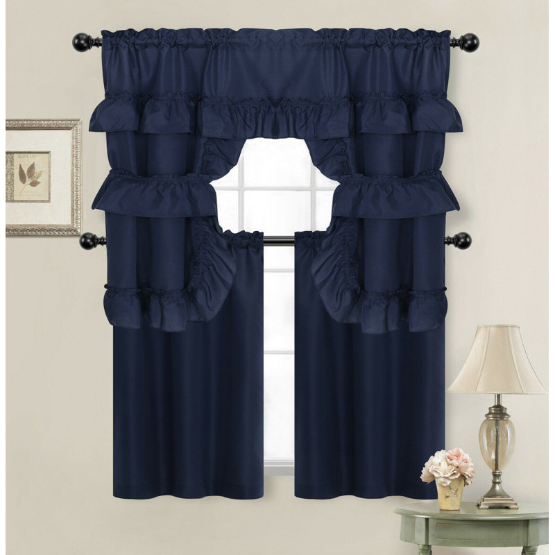Sonja Ruffled Kitchen Curtain, Navy Blue