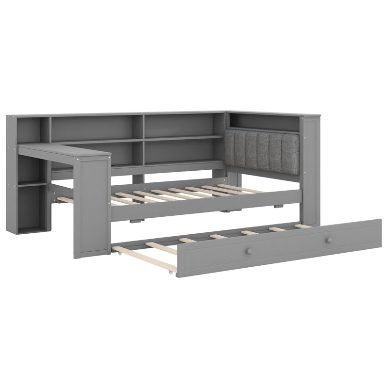 Lit plateforme simple en bois avec tablettes de rangement, lit gigogne, station de charge, lampe de bureau à DEL, bureau et tête de lit tapissier, coussin gris et gris