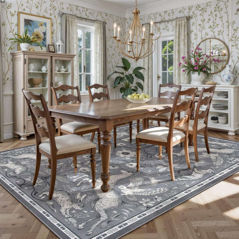 Goldene Whimsical Woodland Animal Washable Area Rug for Kids Room & Nursery, Soft Botanical Non-Slip Playroom Carpet