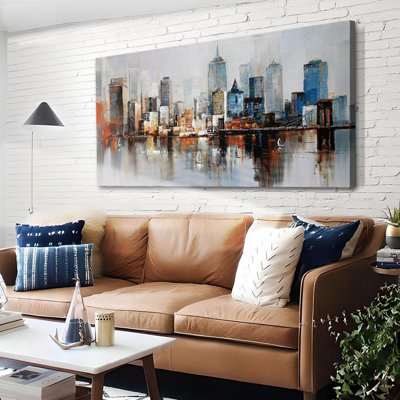 Brooklyn Bridge Wall Art Modern New York City Abstract Canvas Cityscape NY Painting Large Framed Colorful NYC Skyline Textured Picture For Living Room Bedroom Home Office Wall Decor, 48"X24"