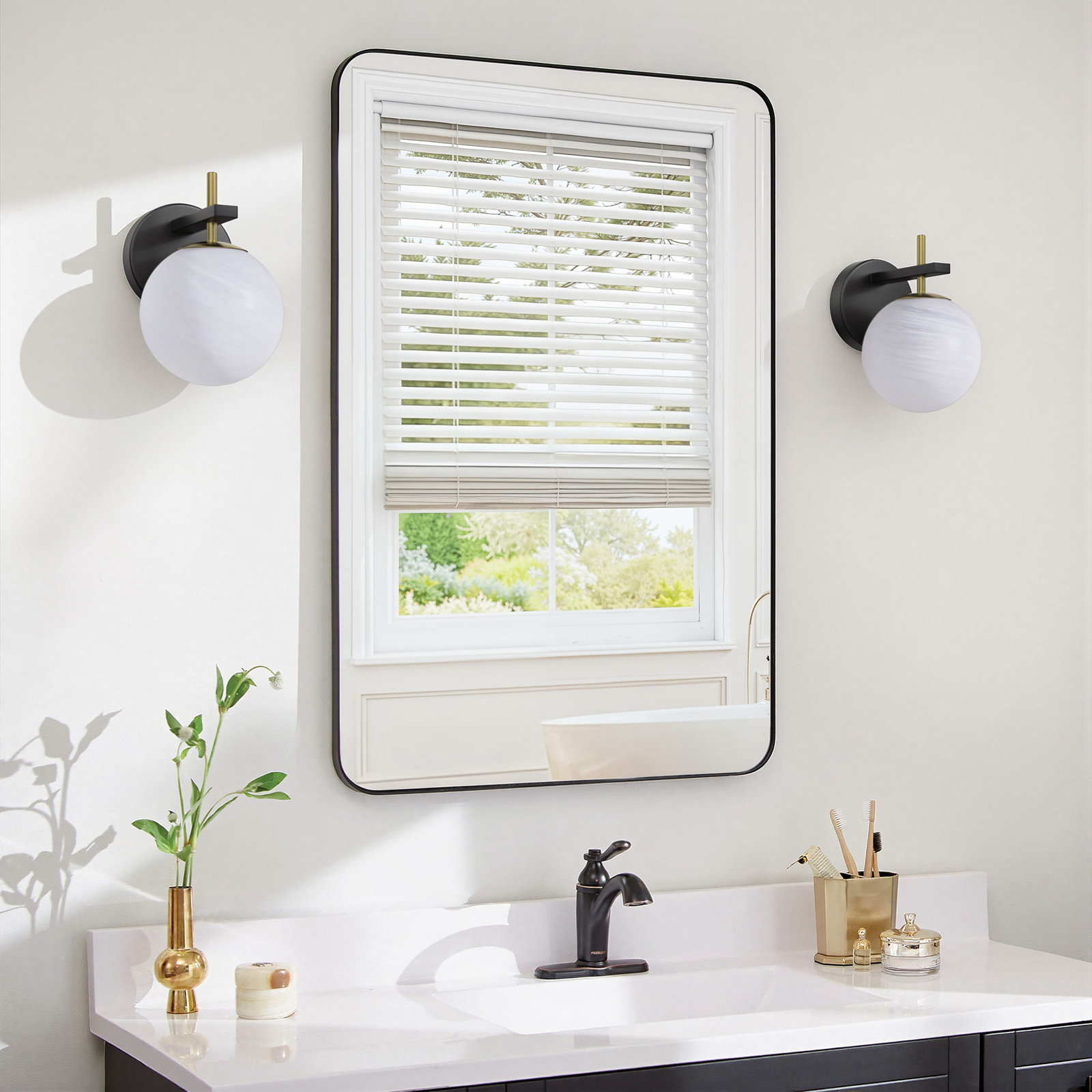 Lio 1 - Light Dimmable Iron Etl Bathroom Vanity Light With Round Shape Cloud Glass Shade, Matte Black/ Polished Gold