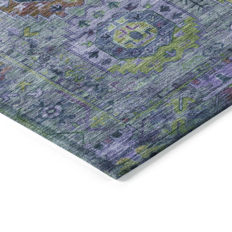 Tapis lavable intérieur/extérieur à médaillon vert, bleu et violet 90 x 150 cm