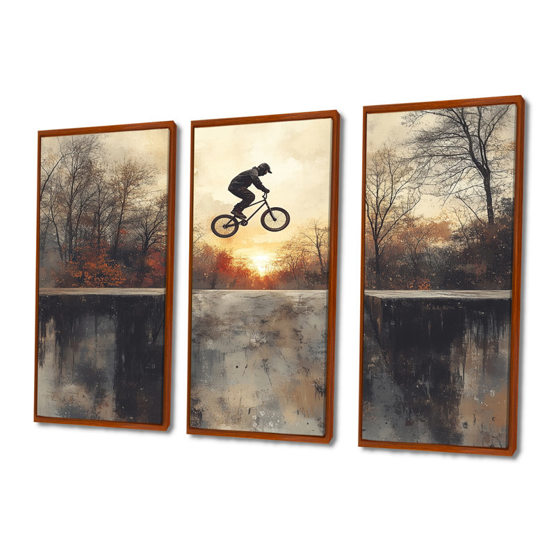 «Black Street Bmx Bike Tricks - Cycling», ensemble d'art mural, H 28 po x l 36 po x P 1 po, Toile avec cadre flottant brun