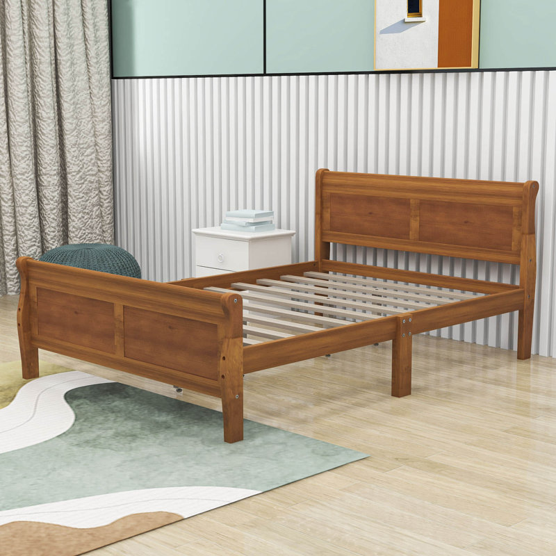 Dovidio Wood Platform Bed Frame with Headboard, Full, Oak