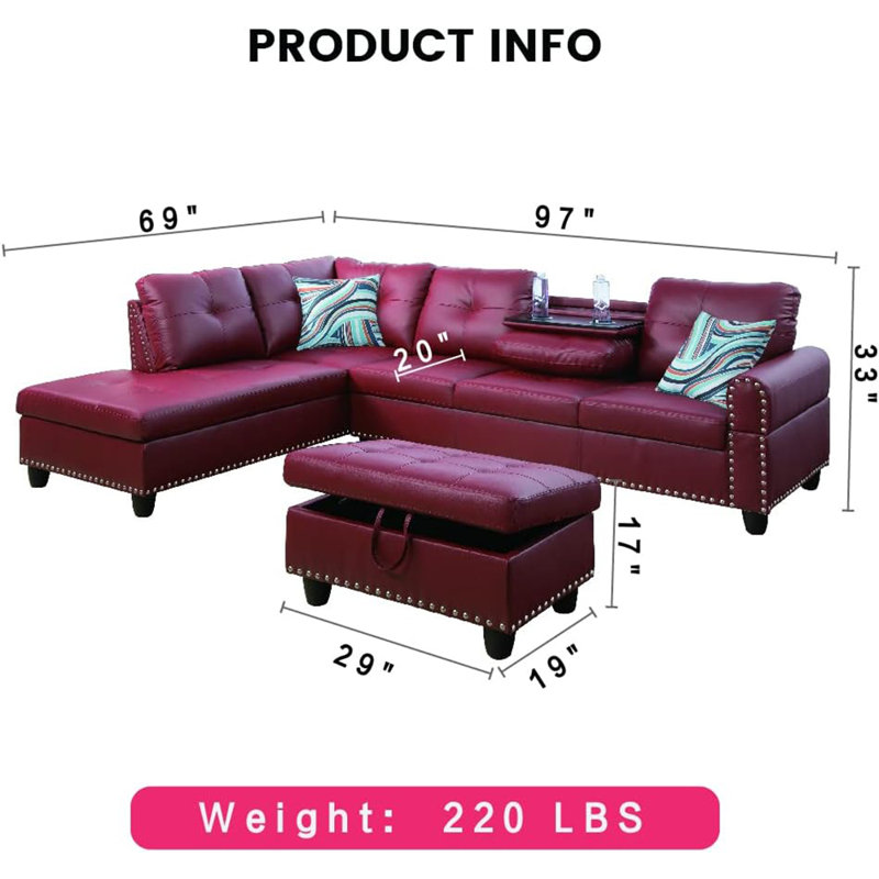 Canapé modulaire en cuir synthétique 3 pièces, Similicuir rouge