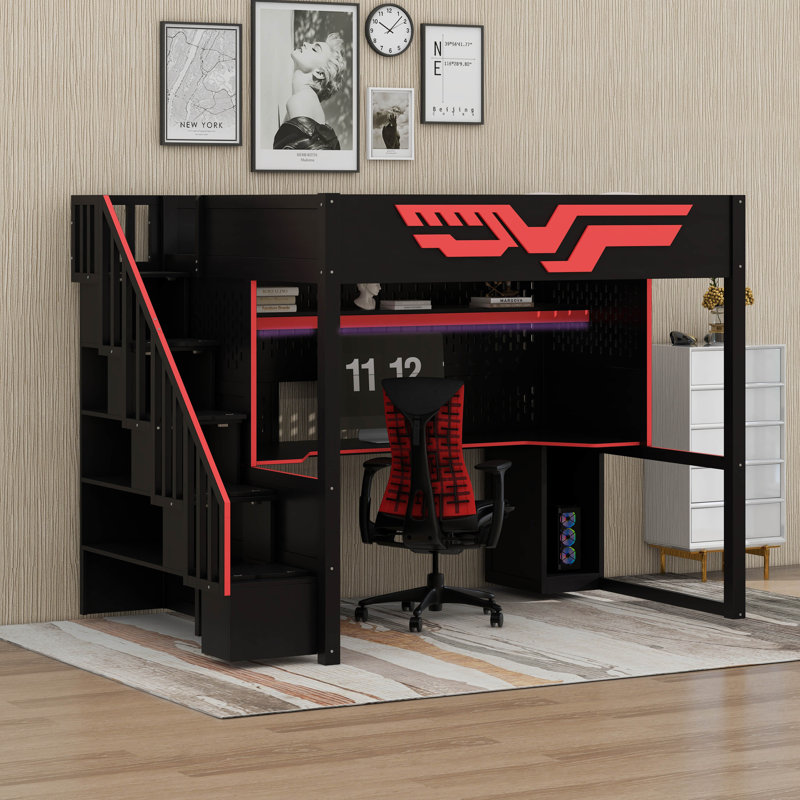 Lit mezzanine Gaming avec bureau et escalier de rangement, lumières DEL et USB, double