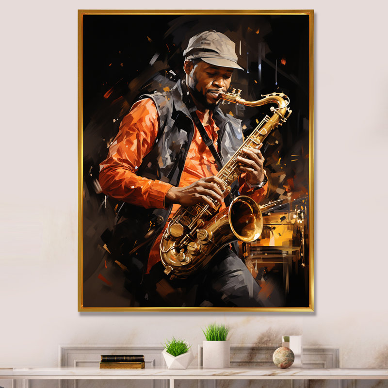 Yeraldin, musique, saxophone, mélodie, chaud, H 32 po x l 24 po x P 1 po, Cadre flottant doré