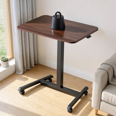 Bureau assis-debout mobile à hauteur réglable avec 4 roulettes, 65 x 48 cm, petit poste de travail roulant pour ordinateur avec crochet, capacité de charge de 15 kg, brun, idéal pour le bureau à domicile