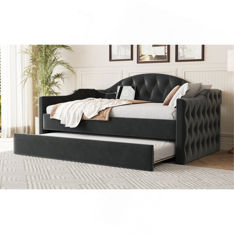 Lit de jour simple rembourré capitonné avec couchette, canapé-lit en velours avec ports USB et ports de charge de type C, aucun sommier nécessaire