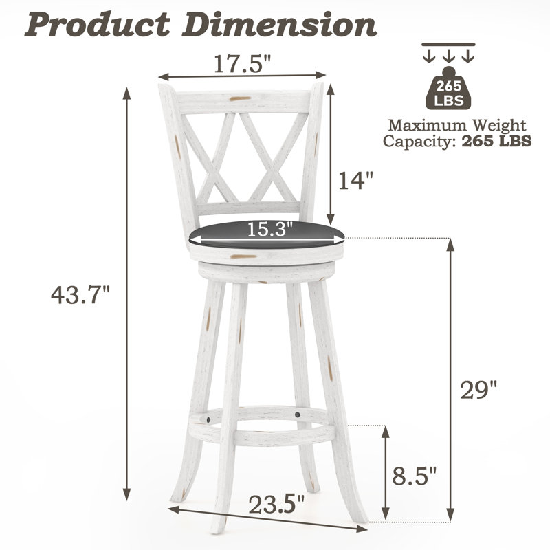 White and Gray Wood Swivel Bar Stools with Upholstered Seat