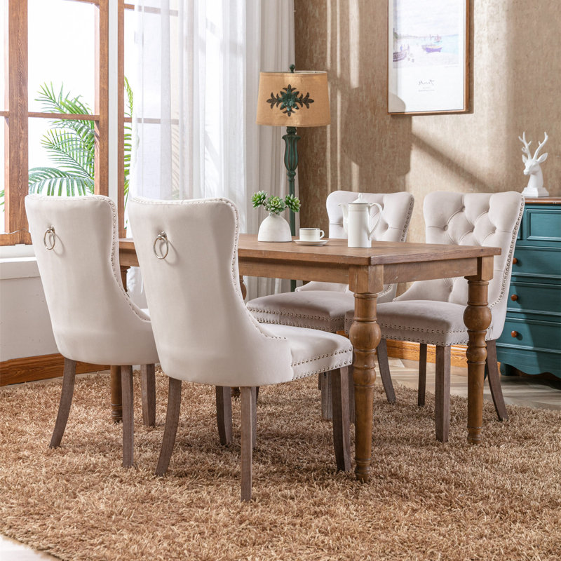 Allena Tufted Chairs Upholstered Chairs with Solid Wood Frame Nailhead Back and Ring Pull Trim , Light Wood, Velvet Beige