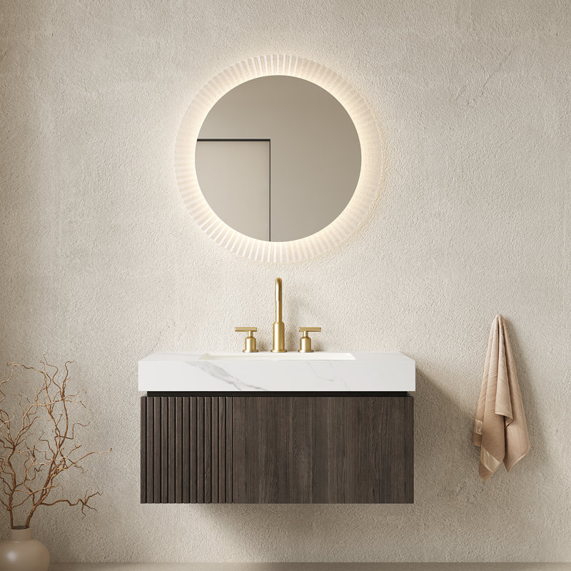 Meuble-lavabo flottant mural Adwin, Noyer fumé, Blanc de Carrare