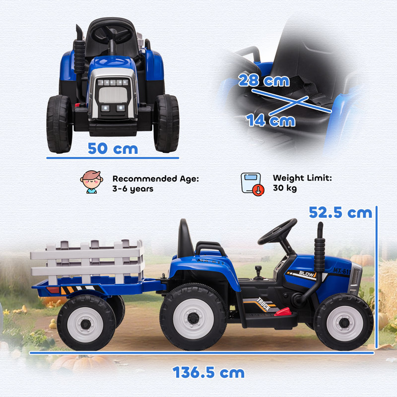 Seeneytown Zoomie Electric Ride on Tractor and Trailer 12V for Ages 3-6 Years, Blue