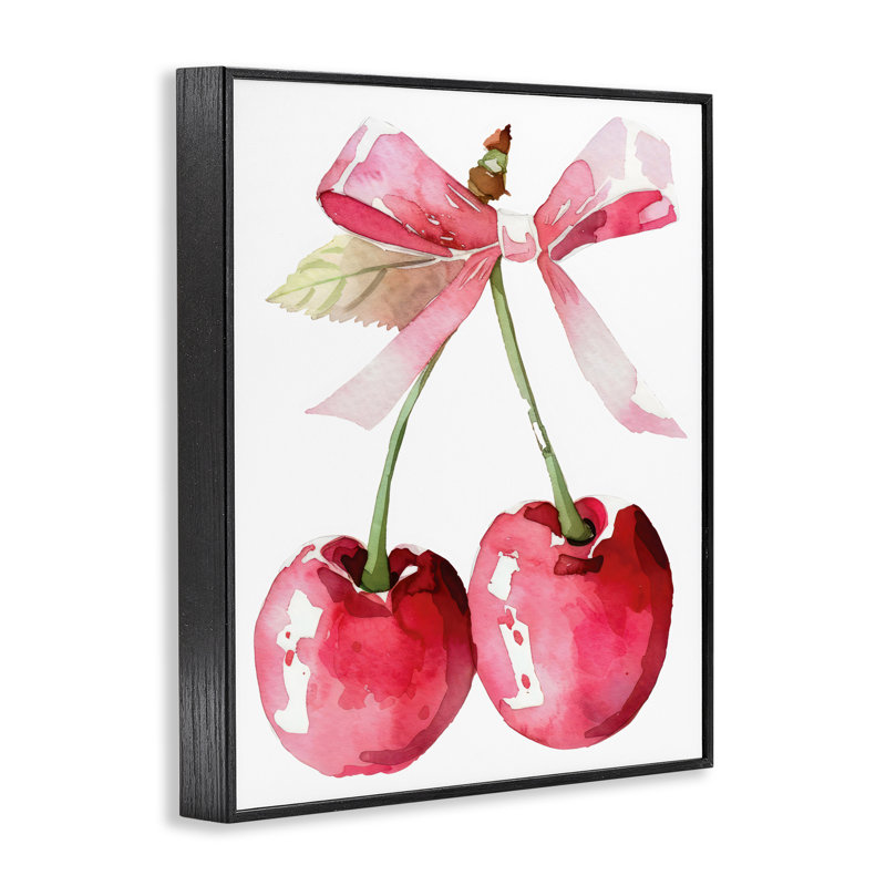 «Cherries with Chic Pink Bow», dessin de Creative Studio, H 14 po x l 11 po, Giclée encadrée noir minuit