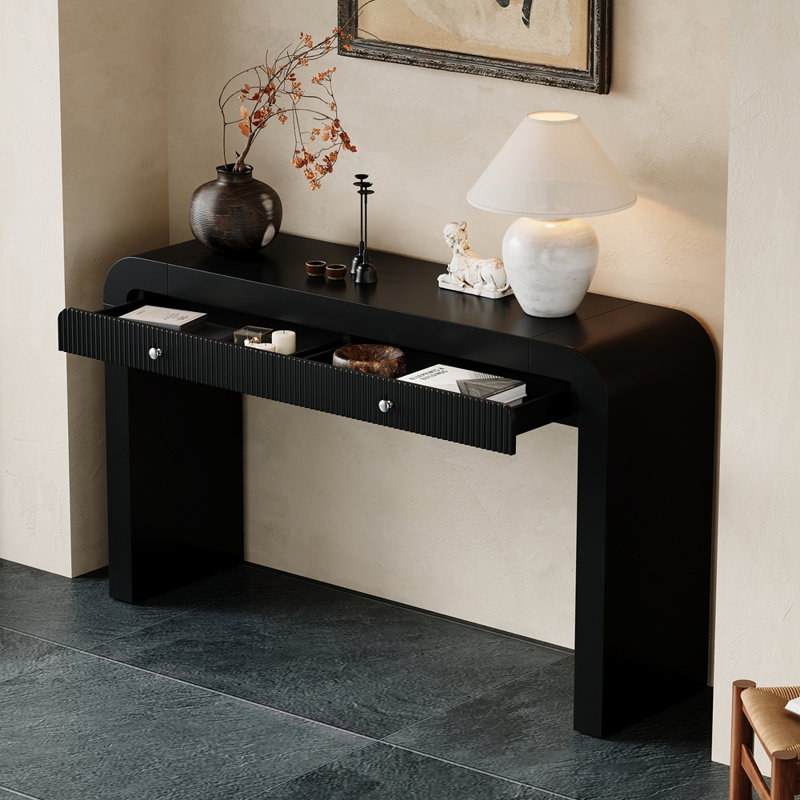 Console rustique avec façade de tiroir cannelée, table d'entrée avec coins incurvés et pieds épais