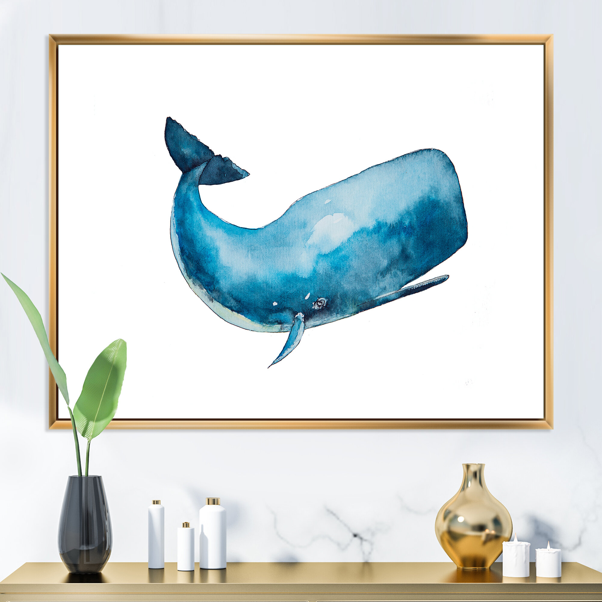 Blue Sperm Whale On White I - Painting On Canvas East Urban Home Size: 34 H x 44 W x 1.5 D, Format: Black Picture Framed