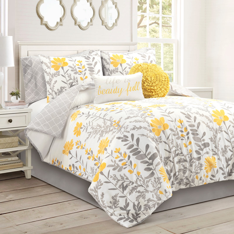 Lush Decor Aprile Floral Reversible Comforter Set, Édredon grand + 7 articles supplémentaires, Motif floral jaune