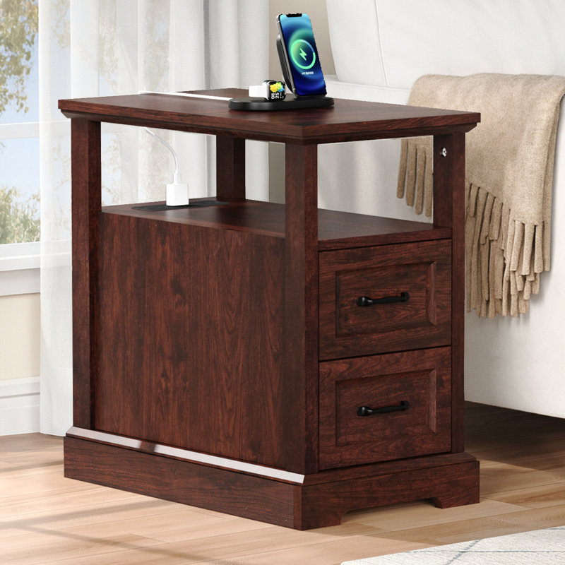 2-Drawer Farmhouse End Table With Built-In Outlets, Brown
