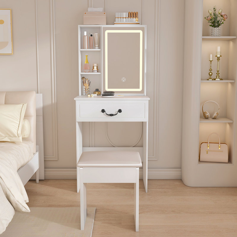 White Modern Mini Vanity Desk With Led Mirror, Hidden Storage, Multi-tier Shelves & Padded Stool