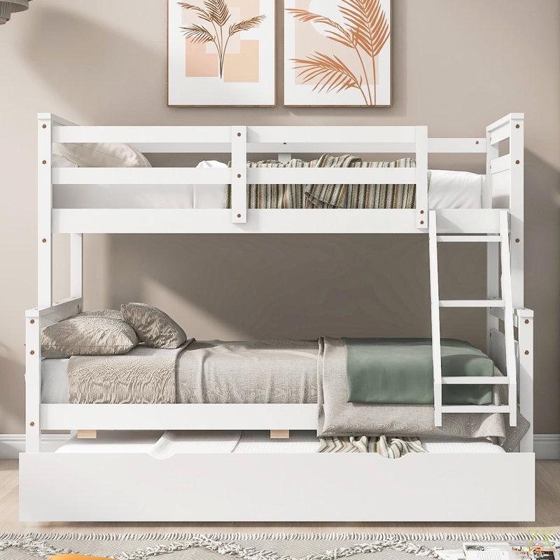 Twin Over Full Bunk Bed With Ladder, Twin Size Trundle, Safety Guardrail, White