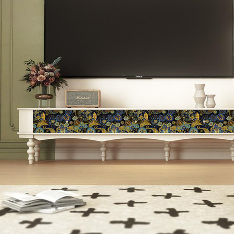French Retro Style Pine Wood TV Stand, White/Multicolor