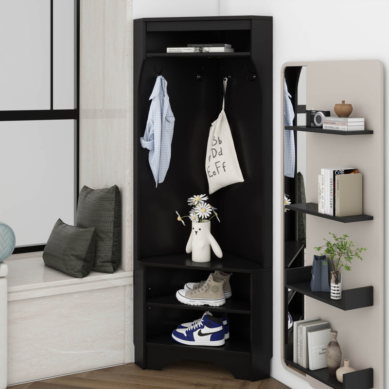 Arbre d'entrée minimaliste avec banc à chaussures, portemanteau polyvalent avec 4 crochets, armoire d'angle avec tablette réglable