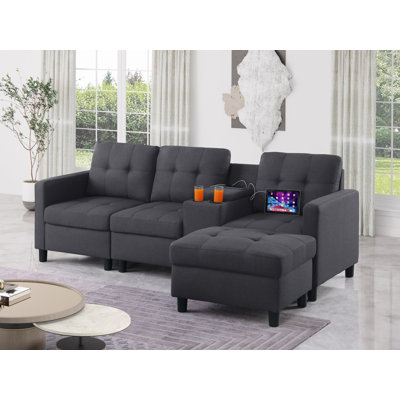 Kentrell 85.5'' Upholstered Sofa With USB Ports & Cup Holders