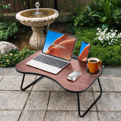 Brown-Toned Solid Wood Writing Desk, Foldable Portable Lap Desk, 23.8L x 15.8W Inches, Rectangle, for Bed or Couch Use