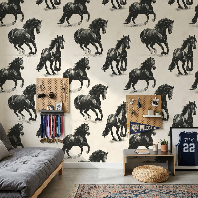 Papier peint décoratif équestre chevaux au galop, Peler et coller