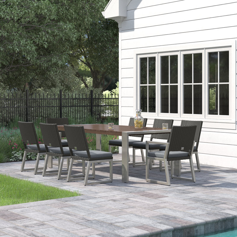 Sameko 9-Piece Rectangular Aluminum Patio Dining Set with Sunbrella® Cushions, Charcoal Grey Sunbrella®, Espresso