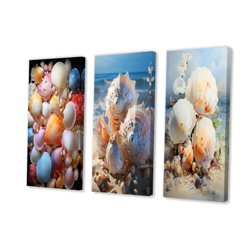Seashells On Dreamy Tide - ensemble d'art mural en toile coquillage de 3, Toile tendue, H 28 po x l 36 po